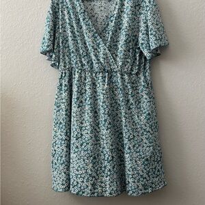 Floral Blue Faux Wrap Dress